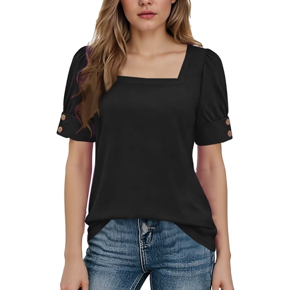 JGGSPWM Womens Tops Short Sleeve Shirts Buttons Square Neck Spring Fashion Summer Outfits Solid Color Blouses Dressy Casual Black XXL
