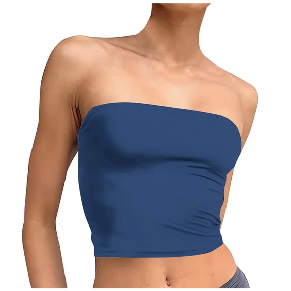 JGGSPWM Womens Tube Tops Solid Color Sleeveless Strapless Crop Tops Bandeau Double Lined Basic Going Out Tank Top Blue M