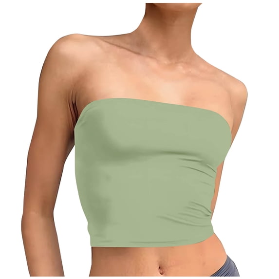 JGGSPWM Womens Tube Tops Solid Color Sleeveless Strapless Crop Tops Bandeau Double Lined Basic Going Out Tank Top Green L