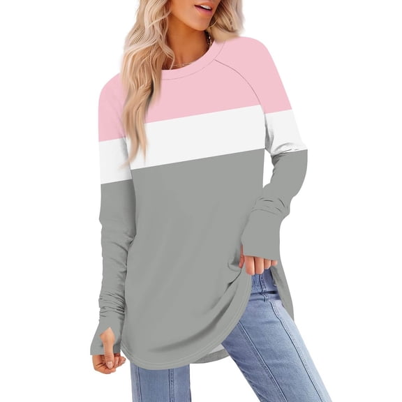 JGGSPWM Womens Tunic Tops to Wear with Leggings Long Sleeve Thumb Hole Shirts Crew Neck Color Block Basic Graphic Tees Gray S