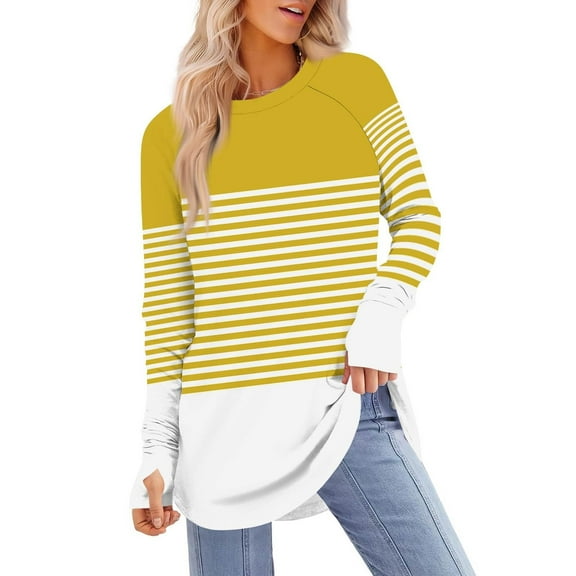 JGGSPWM Womens Tunic Tops to Wear with Leggings Long Sleeve Thumb Hole Shirts Crew Neck Color Block Basic Graphic Tees Yellow S