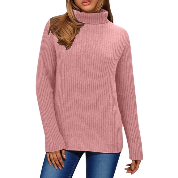 JGGSPWM Womens Turtleneck Long Sleeve Sweater Fall Winter Trendy Loose Fit Casual Tops Chunky Knit Pullover Sweaters Pink Free Size