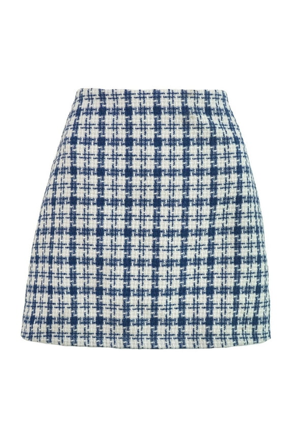 Womens Tweed Plaid Mini Skirt High Waist Design Versatile Woolen Retro Plaid A-line Short Skirts Blue XL