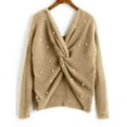 thumbnail image 1 of JGGSPWM Womens Twist Knot Solid Pearl Decor Sweaters V-Neck Sweaters Soft Pullover Long Sleeve Spring Sweater Cotton Jumper Beige M, 1 of 6