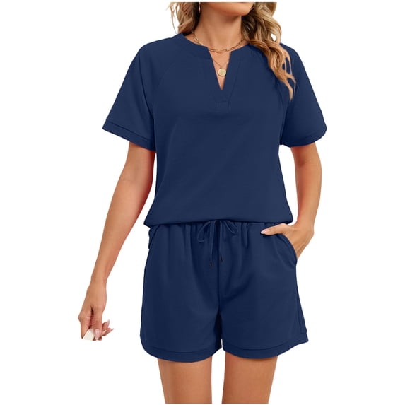 JGGSPWM Womens Two Piece Sets Lightweight Fashion Lounge Outfits Short Sleeve V Neck Shirts Top Casual Wide Leg Shorts Set Blue L