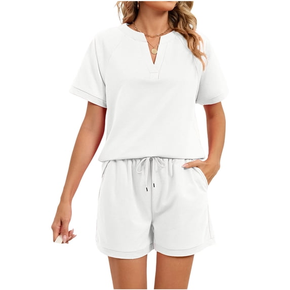 JGGSPWM Womens Two Piece Sets Lightweight Fashion Lounge Outfits Short Sleeve V Neck Shirts Top Casual Wide Leg Shorts Set White S