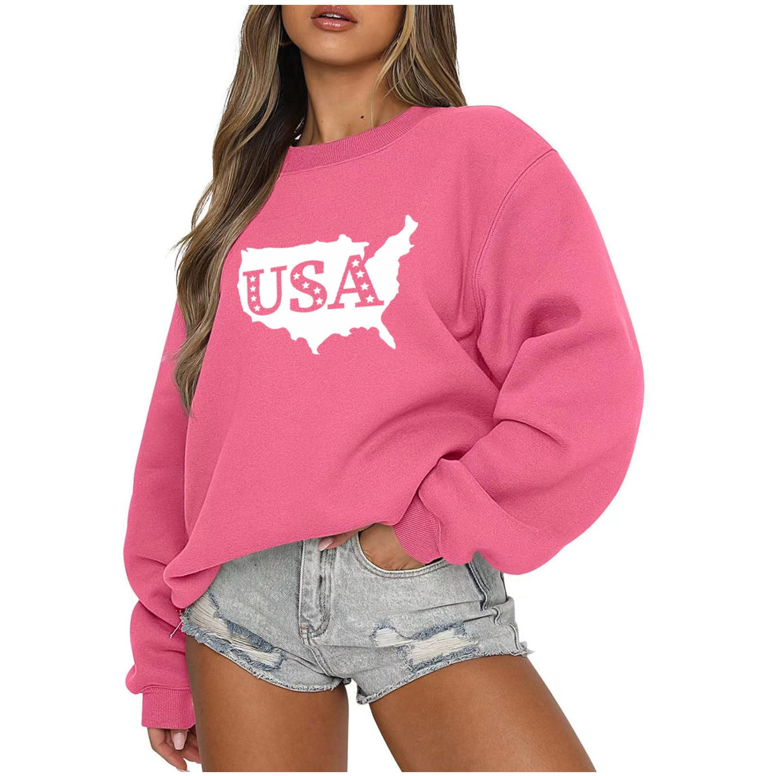 JGGSPWM Womens USA Graphic Sweatshirts Teen Girl Clothes Casual Tops  Lightweight Long Sleeve Oversized Sweatshirt for Women Pullover Pink M