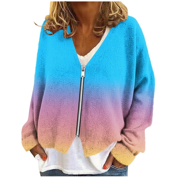 JGGSPWM Womens V Neck Cardigan Zipper Jacket Lightweight Comfort Long Sleeve Knit Open Front Tops Trendy Winter Casual Outfits Blue M