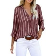 thumbnail image 1 of JGGSPWM Womens V Neck Striped Roll up Sleeve Button Down Blouses Top Wine XXXL, 1 of 9