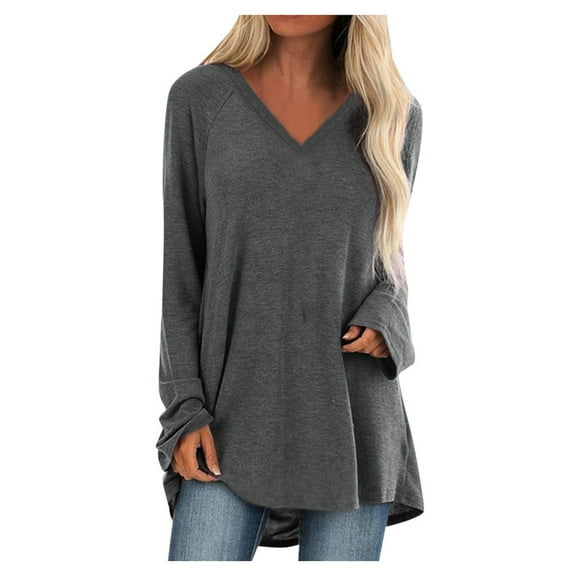 JGGSPWM Womens V Neck Tshirts Long Sleeve Tops Oversize Loose Fit Tee Solid Color Blouse Hip Lenght Casual Spring Tunics Shirts Gray S