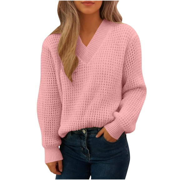 JGGSPWM Womens V Neck Waffle Knit Top Loose Soft Comfortable Breathable Long Sleeve Pullover Solid Color Sweater Pink S