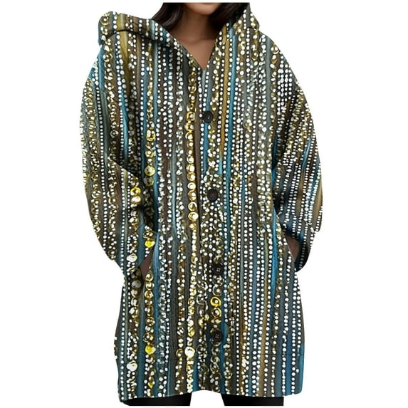 JGGSPWM Womens Vintage Print Long Sleeve Hooded Knit Cardigans Fall Sweaters Button Down Open Front Outerwear with Pockets Blue S