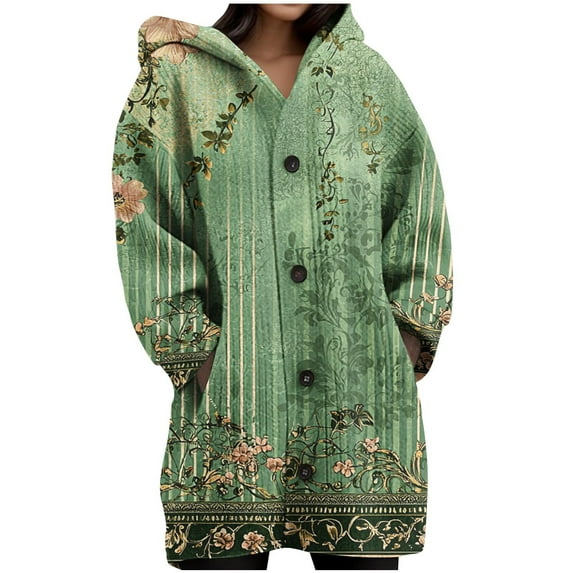 JGGSPWM Womens Vintage Print Long Sleeve Hooded Knit Cardigans Fall Sweaters Button Down Open Front Outerwear with Pockets Green L