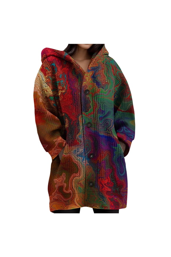 Womens Vintage Print Long Sleeve Hooded Knit Cardigans Fall Sweaters Button Down Open Front Outerwear with Pockets Red M