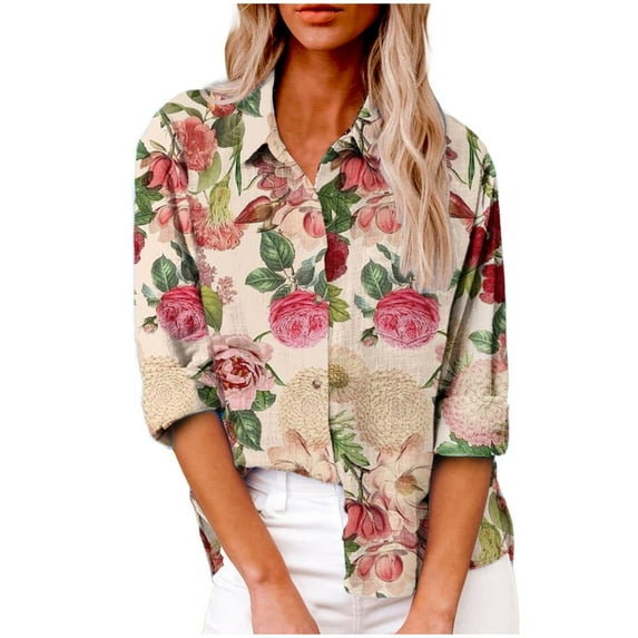 JGGSPWM Womens Vintage Rose Floral Print Linen Blouses Linen Shirts for Women Long Sleeve Spring Fall Button Down Lapel Collar Cotton Linen Shirts Linen Tops with Pocket Red S