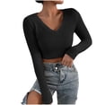 thumbnail image 1 of JGGSPWM Womens Waffle Knit Crop Tops Y2ktops Tee Shirts Spring Blouse Pullover Solid Long Sleeve Tunic V Neck Slim Fit Tshirt Black M, 1 of 9