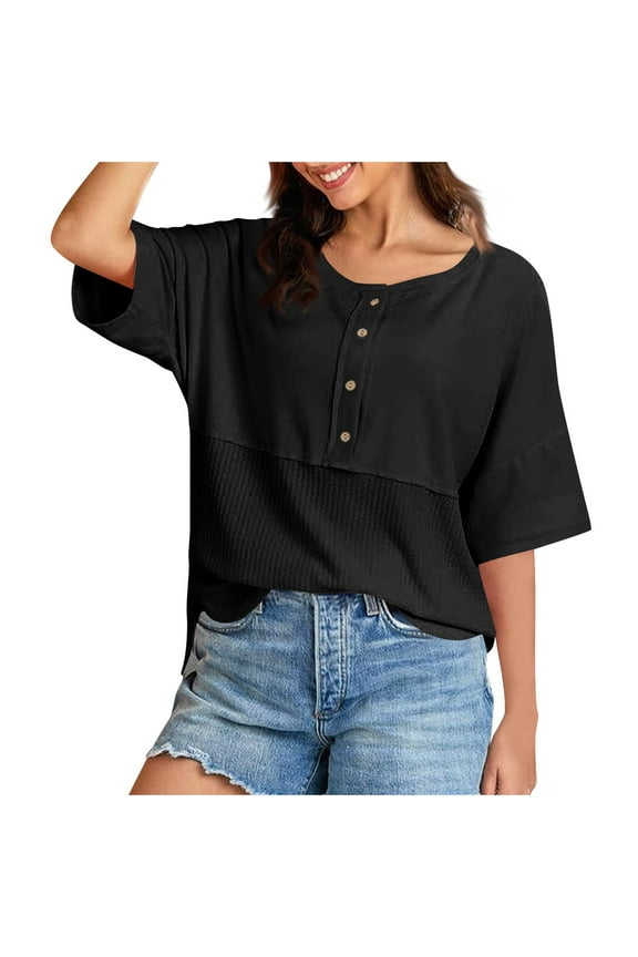 Womens Waffle Knit Tops 2025 Fashion 3/4 Sleeve Casual Button Down Shirts Crewneck Oversized Blouses Black M