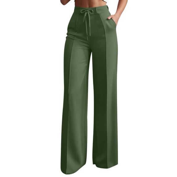 JGGSPWM Womens Wide Leg Dress Pants Solid Color Business Casual Flowy Work Pants Drawstring Elastic High Waisted Slacks Trousers Green XXL