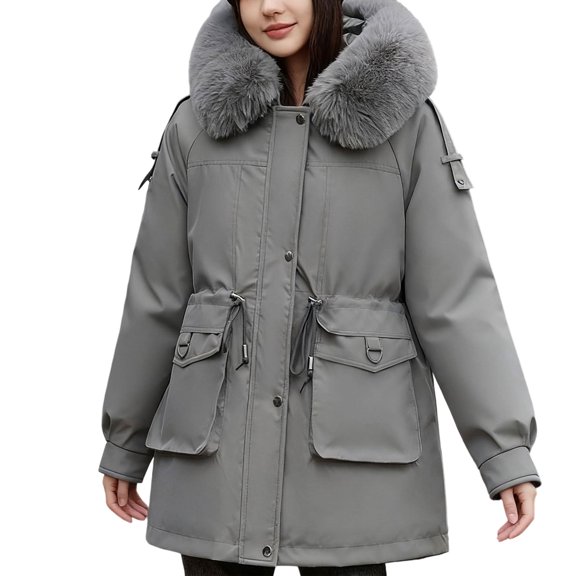 JGGSPWM Womens Winter Coat Plus Velvet And Thickened Puffer Jacket Long Sleeved Warm Parka With Big Furry ry Collar Coat Gray XXL