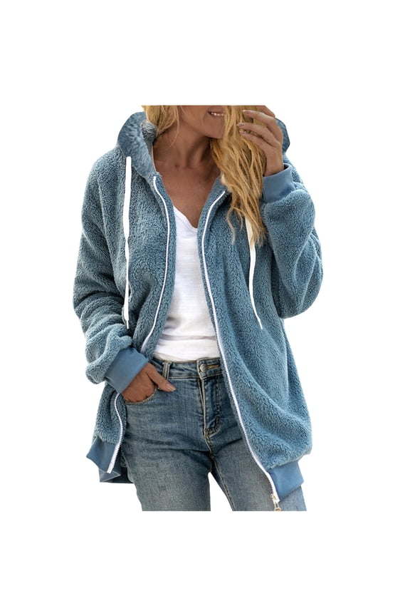 Womens Winter Fuzzy Fleece Jacket Sherpa Zip Up Outerwear Drawstring Pullover Coat Oversized Sweatshirts Hoodie with Pockets Blue S