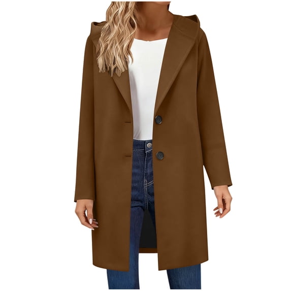 JGGSPWM Womens Woolen Blend Pea Coat Single Breasted Hooded Trench Jackets Fashion Winter Solid Color Loose Long Sleeved Overcoat Brown S