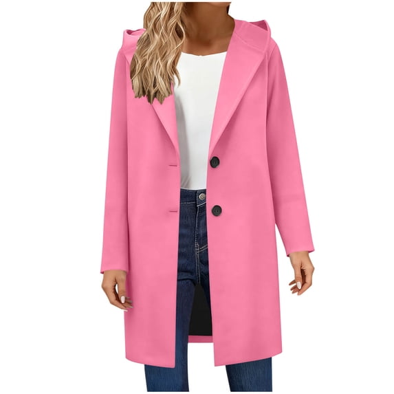 JGGSPWM Womens Woolen Blend Pea Coat Single Breasted Hooded Trench Jackets Fashion Winter Solid Color Loose Long Sleeved Overcoat Pink XXL