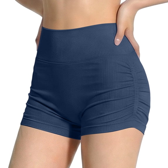 JGGSPWM Womens Workout Seamless Pleated Butt Lifting Shorts High Waisted Tummy Control Gym Yoga Shorts Blue S