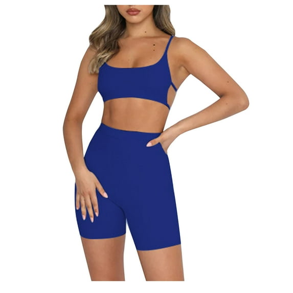 JGGSPWM Workout Outfits for Women 2 Piece Solid Exercise Sleeve Cami Tops High Waist Leggings Active Yoga Set Blue L