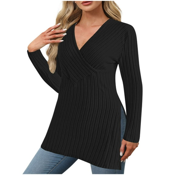 JGGSPWM (XL-5XL) Plus Size Long Sleeve V Neck Shirts for Women Fall Tops Lightweight Sweaters Dressy Casual Tunic Tops Trendy Outfits Black XXL