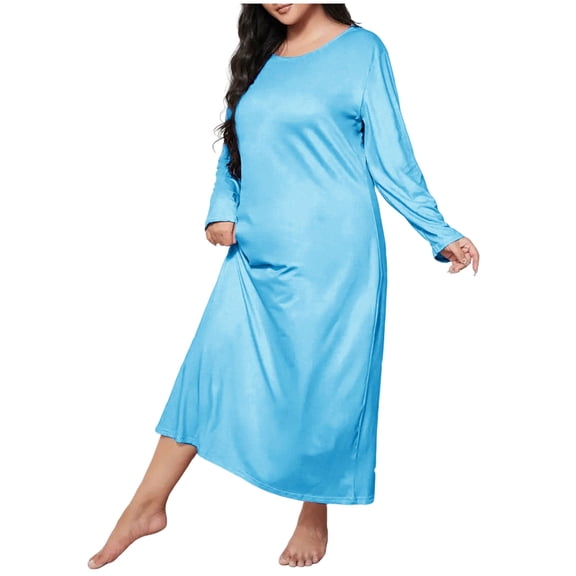 JGGSPWM (XL-5XL) Plus Size Women's Casual Crewneck Long Sleeve Sleepshirts Flowy Swing Solid Color Midi Long Dress Blue XXL