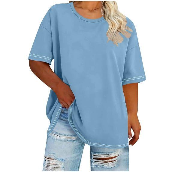 JGGSPWM (XL-5XL)Womens Oversized Tshirt Solid Color Crew Neck Basic Shirts Spring Summer Short Sleeve Loose Fit Tops Blue XXXL