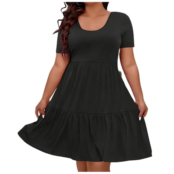 JGGSPWM (XL-5XL) Womens Plus Size Summer Dresses Tiered Square Neck Short Sleeve Smocked A Line Ruffle Layered Swing Short Mini Dress Black XXXL