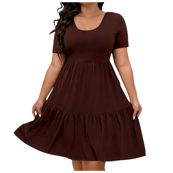 JGGSPWM (XL-5XL) Womens Plus Size Summer Dresses Tiered Square Neck Short Sleeve Smocked A Line Ruffle Layered Swing Short Mini Dress Brown XXXXL