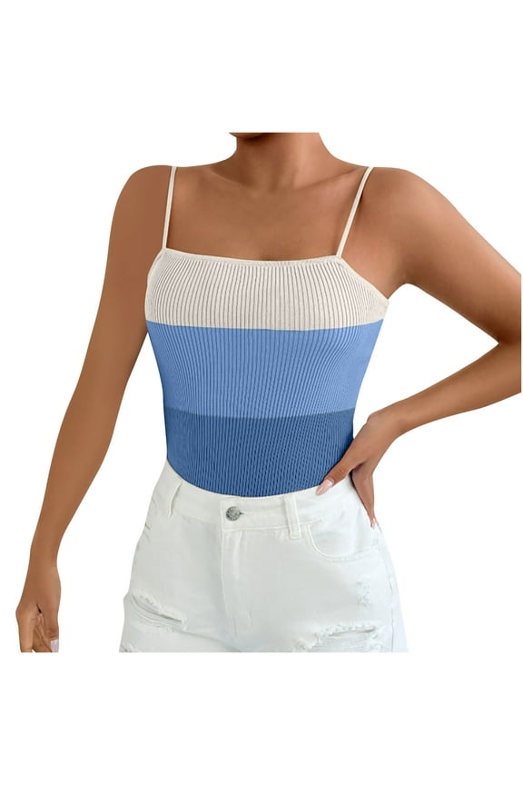 Y2k Crochet Tank Top Color Block Knit Camisole Crop Top Blue M