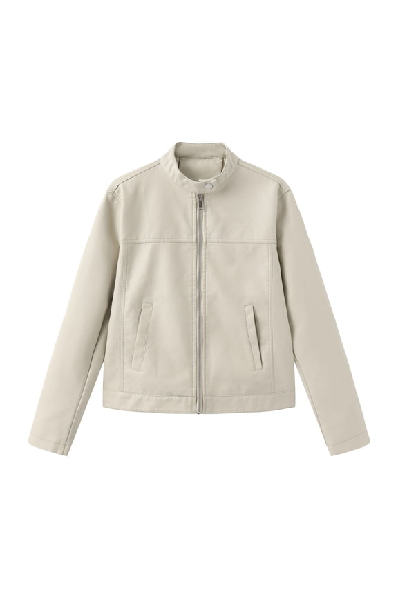 Zip Leather Jackets for Women Motorcycle Faux Leather Biker Outwear Coat Long Sleeve Stand Collar Fashion Jacket Beige XXL