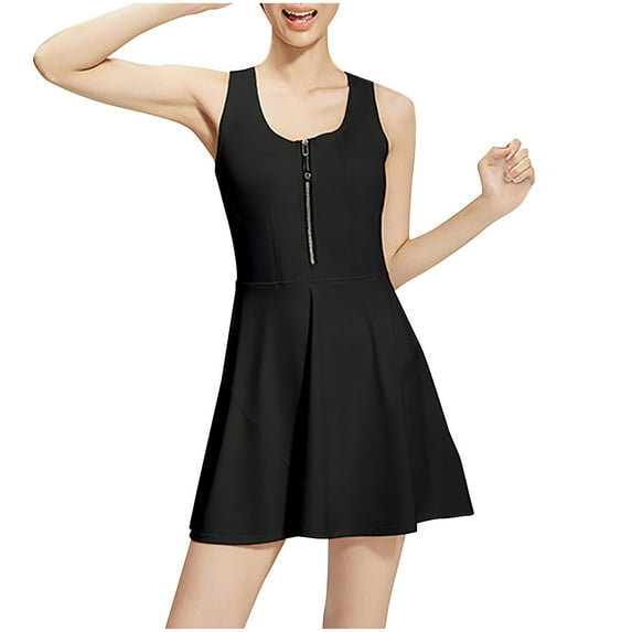 JGGSPWM Zip Up Sports Dress Women's Solid Casual Outdoor Athletic Workout Flowy Crewneck Mini A-line Sundress Black XL