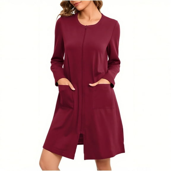 JGGSPWM Zipper Printed Nightgown for Women Knee Length Bathrobe Lightweight Housecoat Long Sleeve Nightgown with Pockets Red M