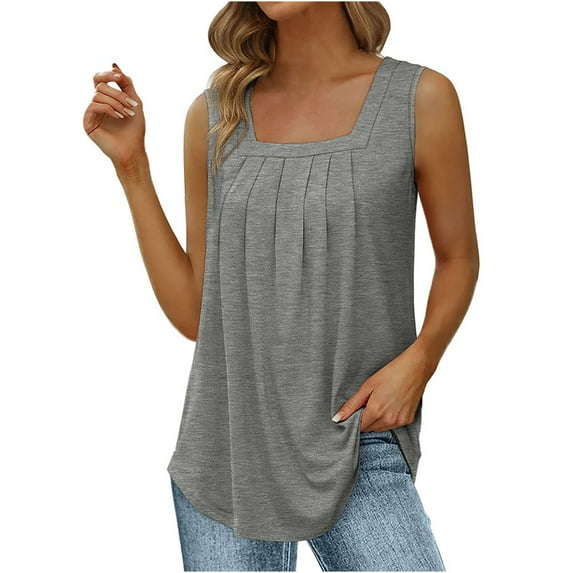 JGGSPWM Summer Tank Tops for Women Loose Fit Pleated Square Neck Sleeveless Tops Curved Hem Flowy Loose Fit Camisole Trendy Breathable Tees Shirts