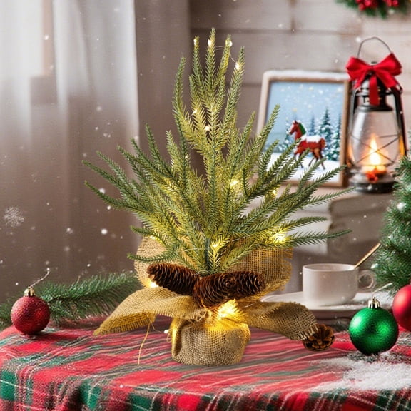 JGJJUGN 12-Inch Lighted Tabletop Christmas Tree, Mini Artificial Xmas Tree with Red Berries & Pinecones, Burlap Base, Holiday Decoration for Home, Office, Festive Decor