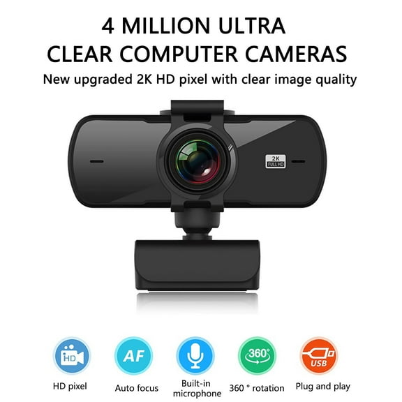 JGJJUGN 2K HD Webcam for Live Streaming, Video Conferencing, and Online Meetings - Auto Focus, Built-in Noise-Cancelling Microphone, Plug and Play, USB-Compatible, with Privacy Cover, 360° Rotation