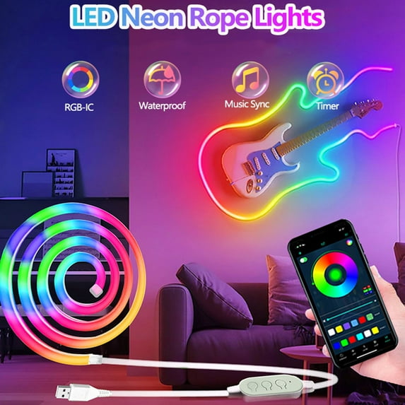 JGJJUGN 3.3FT RGB LED Neon Strip - Bluetooth App Controlled, Music Sync, Cuttable, Waterproof for Indoor Outdoor Party Decoration, DIY Home Lighting