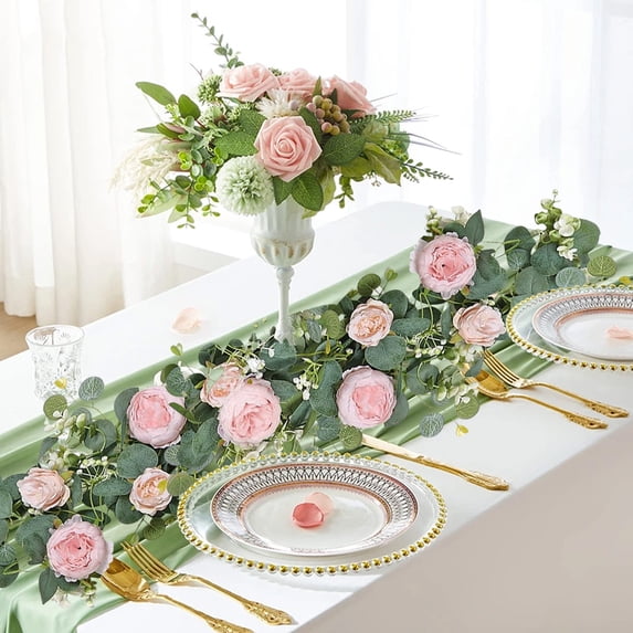 JGJJUGN 6FT Artificial Floral Garland for Wedding Decor, Silk Flower Roping with Roses and Gypsophila, Perfect Centerpiece and Table Runner for Events and Celebrations