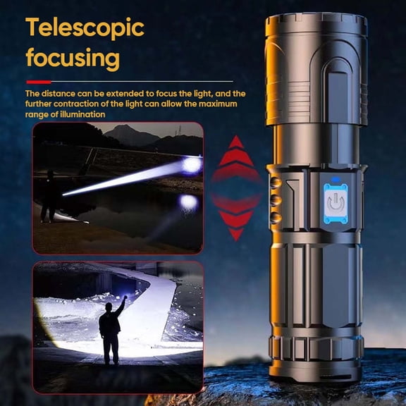 JGJJUGN Bright LED Flashlight Telescopic Long Beam Waterproof Rechargeable with Power Indicator USB Charging for Camping Hiking and Outdoor Use