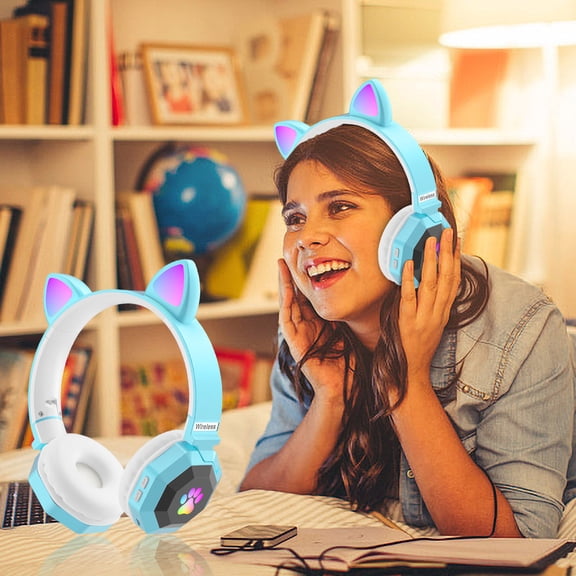 JGJJUGN Cute Glowing Ears Wireless Bluetooth 50 Headphones with LED Lights, Virtual Surround Sound for Kids & Adults – Perfect Gift for Christmas & Birthday