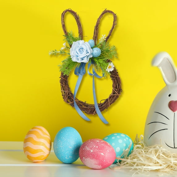 JGJJUGN Easter Bunny Wreath Decorative Round Rattan Garland with Eggs and Bow - Spring Outdoor Home Decor, Tabletop Decoration, Festive Accent for Front Door and Mantelpiece