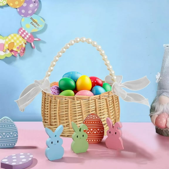JGJJUGN Easter Mini Woven Basket with Handles, Decorative Storage Basket, Easter Party Favor Container, Small Item Organizer, Beige Wood Wicker Basket, Perfect for Gifts and Decorations