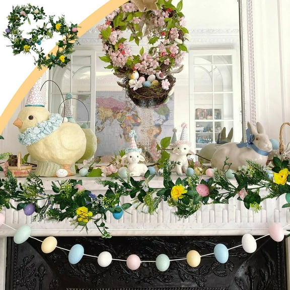 JGJJUGN Easter Wreath with Colorful Eggs, Spring Floral Door Decor, Twigs and Flowers Hanging Garland, Indoor Outdoor Home Decoration, Festive Patio Porch Ornament, 70 inches