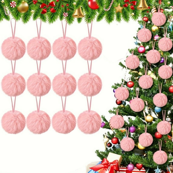 JGJJUGN Furry Christmas Ornaments for Tree, Plush Hanging Decorations, Soft Faux Fur Baubles, Green & Pink Christmas Tree Balls, Holiday Home Decor, 8cm & 6cm Size, Festive Hanging Decor