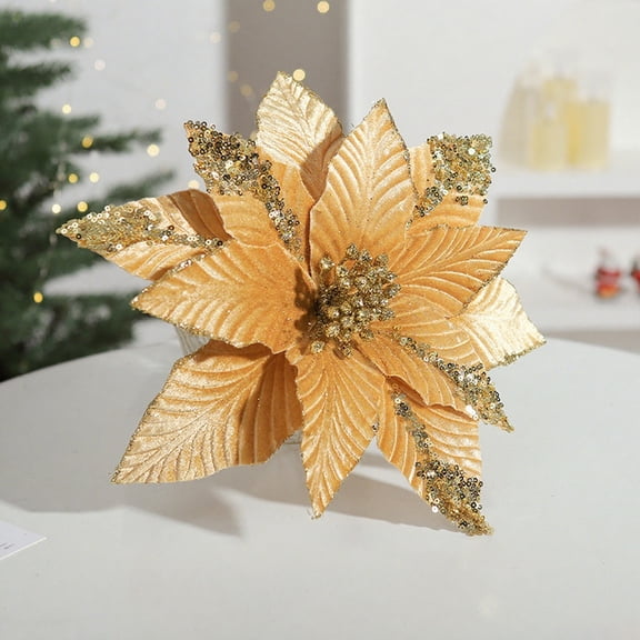 JGJJUGN Gold Sequin Velvet Christmas Flower, 31cm Decorative Floral Arrangement, High-End Holiday Ornament for Home and Office Decor, Festive Simulation Flower