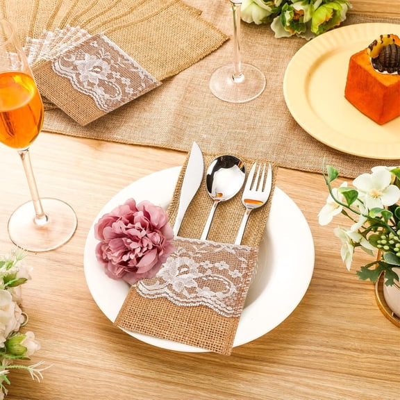 JGJJUGN Jute Lace Cutlery Storage Bag, Silverware Pouch, Napkin Holder, Rustic Tableware Organizer, Wedding Decor, Party Supplies, Khaki Linen Utensil Holder, Elegant Event Accessory